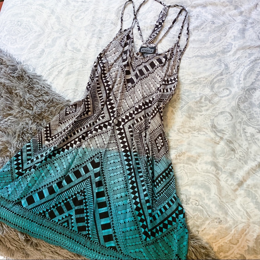 White and Turquoise Aztec Print Dip Dyed Dress